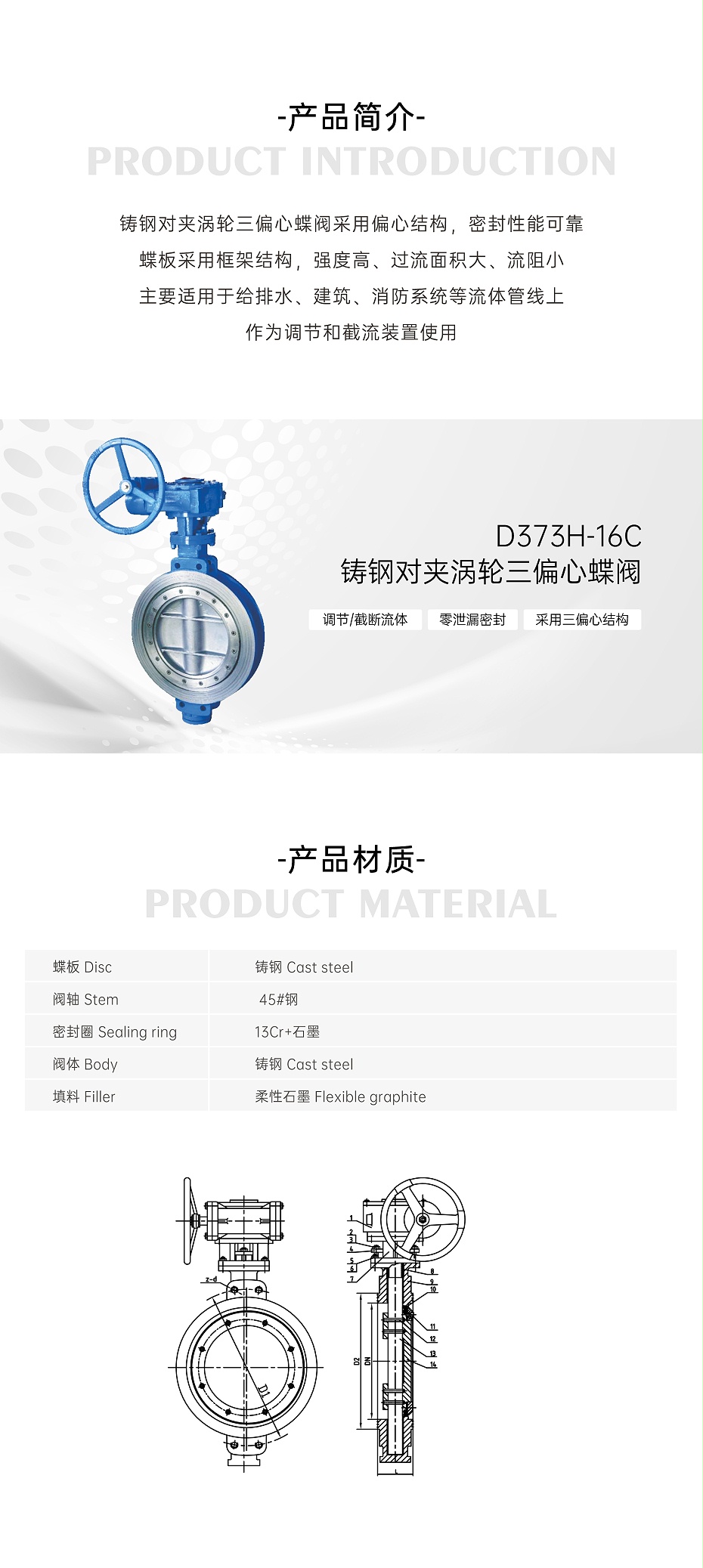 艾德默·甄易D373H-16C铸钢对夹涡轮三偏心蝶阀